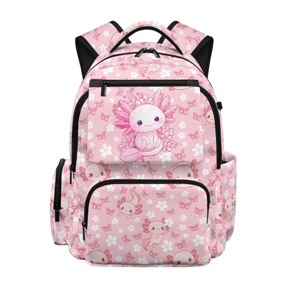 Pzuqiu Pink Axolotl Print School Backpack for Girls 17 Inch Soft Padded Breathable Straps Multi Pockets Lightweight Casual School Bag for Teens Primary Middle School Students