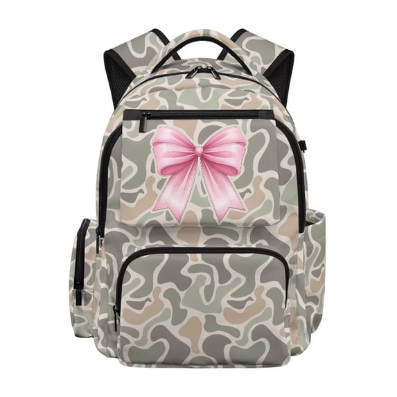 Pzuqiu Pink Bow Camo Backpack for School Kids Girls 17 Inch Large Capacity Schoolbag with Side Pockets Bookbags College Students Backpacks Lightweight Laptop Daypack for Ages 6-18
