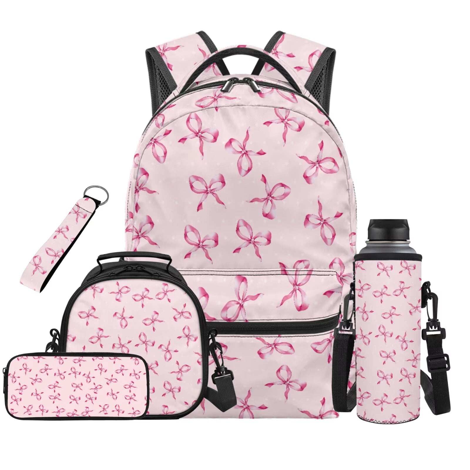 Pzuqiu Pink Bow Print Backpack for Girls 5 Piece School Bookbag with Lunch Bag Lightweight School Bag for Girls 10-12 Elementary Backpack with Water Bottle Holder Pencil Box
