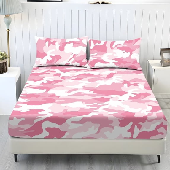 Pzuqiu Pink Camo 3 Piece Bed Sheet Set for Women Breathable Microfiber,Soft Comfort Surface,3 Pieces Bed Sheets Set with 2 Pillowcases,Perfect for Bedroom,Nursery,Holiday Home Full
