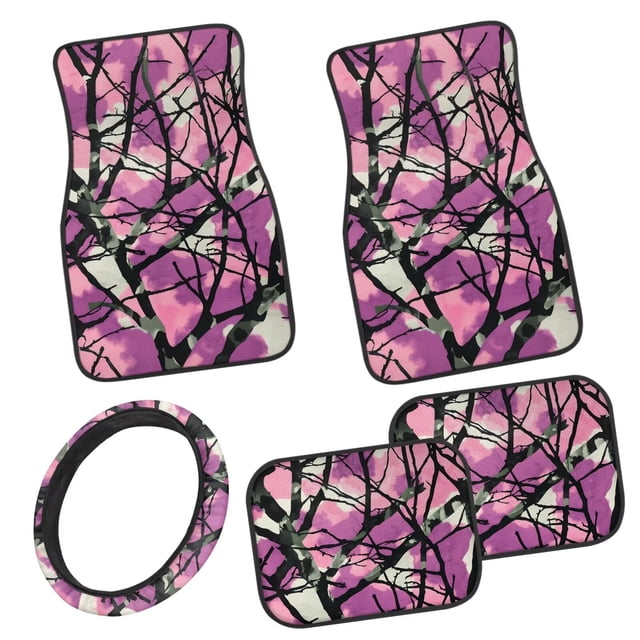 Pzuqiu Pink Camo Hunting Car Floor Mats Car Steering Wheel Cover Full Set Easy to Install 5 Piece Car Floor Mats All Weather with Anti-Slip Pad Removable Automotive Accessories for Cars