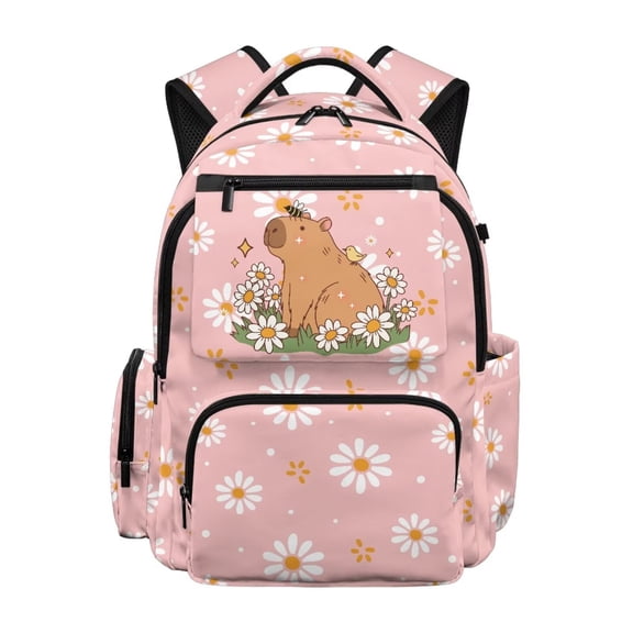 Pzuqiu Pink Capybara Daisy School Backpack for Kids 17 Inch Breathable Padded Bookbag Featherweight Casual Daypack for Girls Students Travel School Commute 8-14 Years