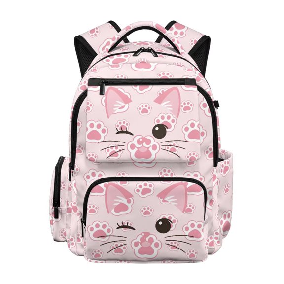 Pzuqiu Pink Cat Paw Girls School Backpack Large Capacity Breathable Soft 17 Inch Cute Bookbag for Kids Teens Students Aged 6-18 Casual Travel Daypack with Multi Pockets