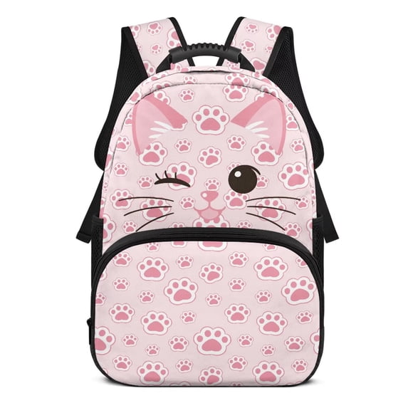 Pzuqiu Pink Cat Print Kids Backpack for Students Ages 6-14 17 Inch Elementary School Backpack with Adjustable Straps Large Capacity Back to School Travel Bookbag for Girls