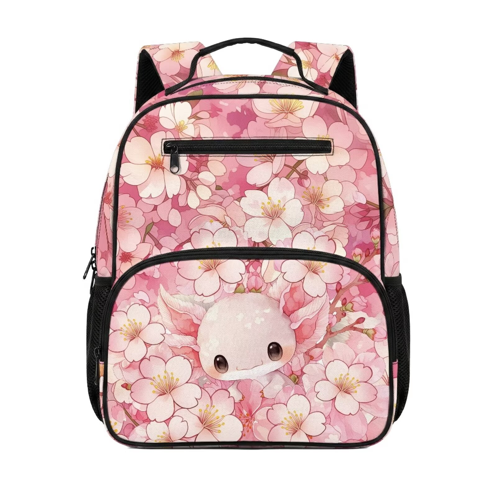 Pzuqiu Pink Cherry Blossom Axolotl 13.5 Inch Toddler Backpack for Kids Preschool Water Resistant Breathable School Bag with Multi Pockets Lightweight Daypack for Kindergarten