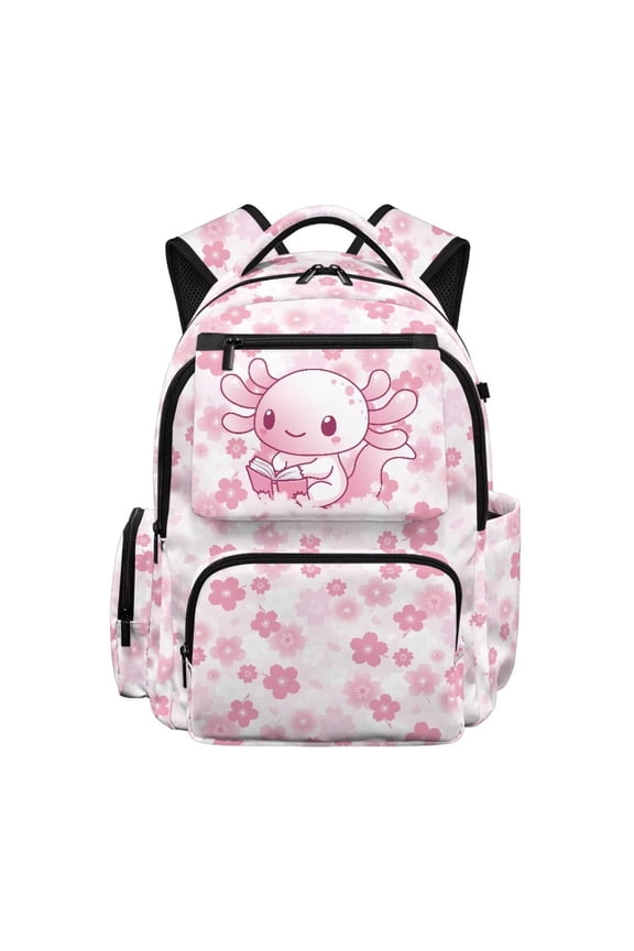 Pink Cherry Blossom Axolotl 17 Inch School Backpack Large Capacity Ultra-Soft Bookbag for Girls Teens Multi-Pocket Casual Daypack for School Travel 8-14 Years
