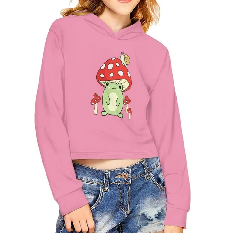 Pzuqiu Pink Crop Top Hoodies for Teen Pre Girls 7T-8T Child Pullover Hooded  Athletic Clothing,Mushroom Frog Sweatshirt Casual Street-wear Exercise  Party Preppy Soft Long Sleeve Running Sportswear 