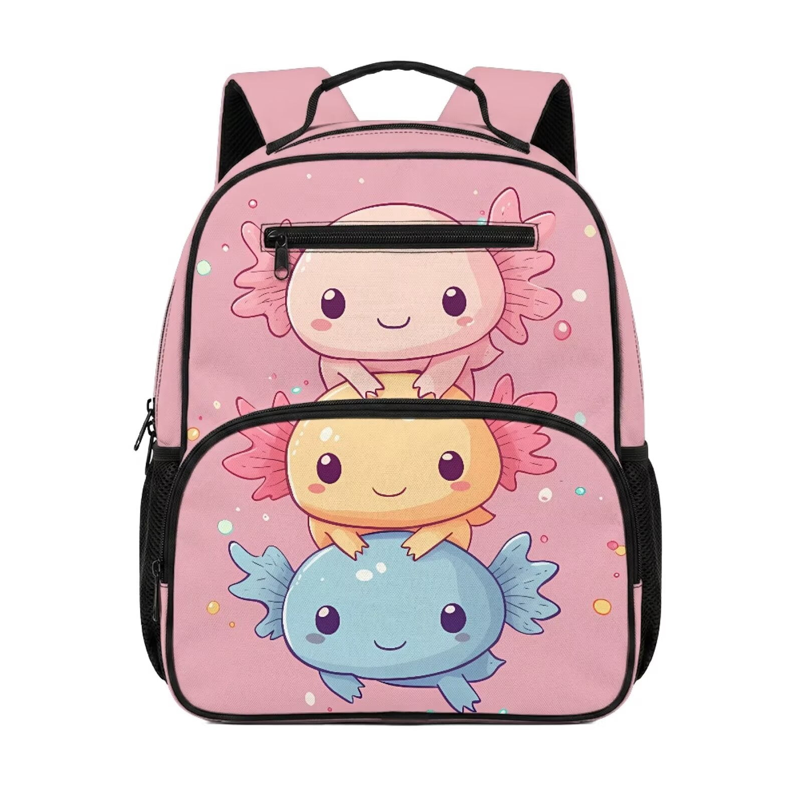 Pzuqiu Pink Cute Axolotl 13.5 Inch Toddler Backpack for Girls Preschool, Water Resistant Soft Padded Breathable Kids Bookbag with Multi Pockets for Kindergarten Casual Daypack