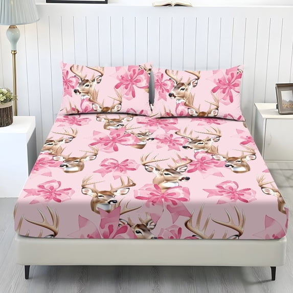 Pzuqiu Pink Deer Bow Bedding Set with Fitted Sheet and Pillowcases 3 PcsSheet Set, Soft and Breathable Microfiber, Twin Size Includes 1 Fitted Sheet & 2 Pillowcases Easy Care
