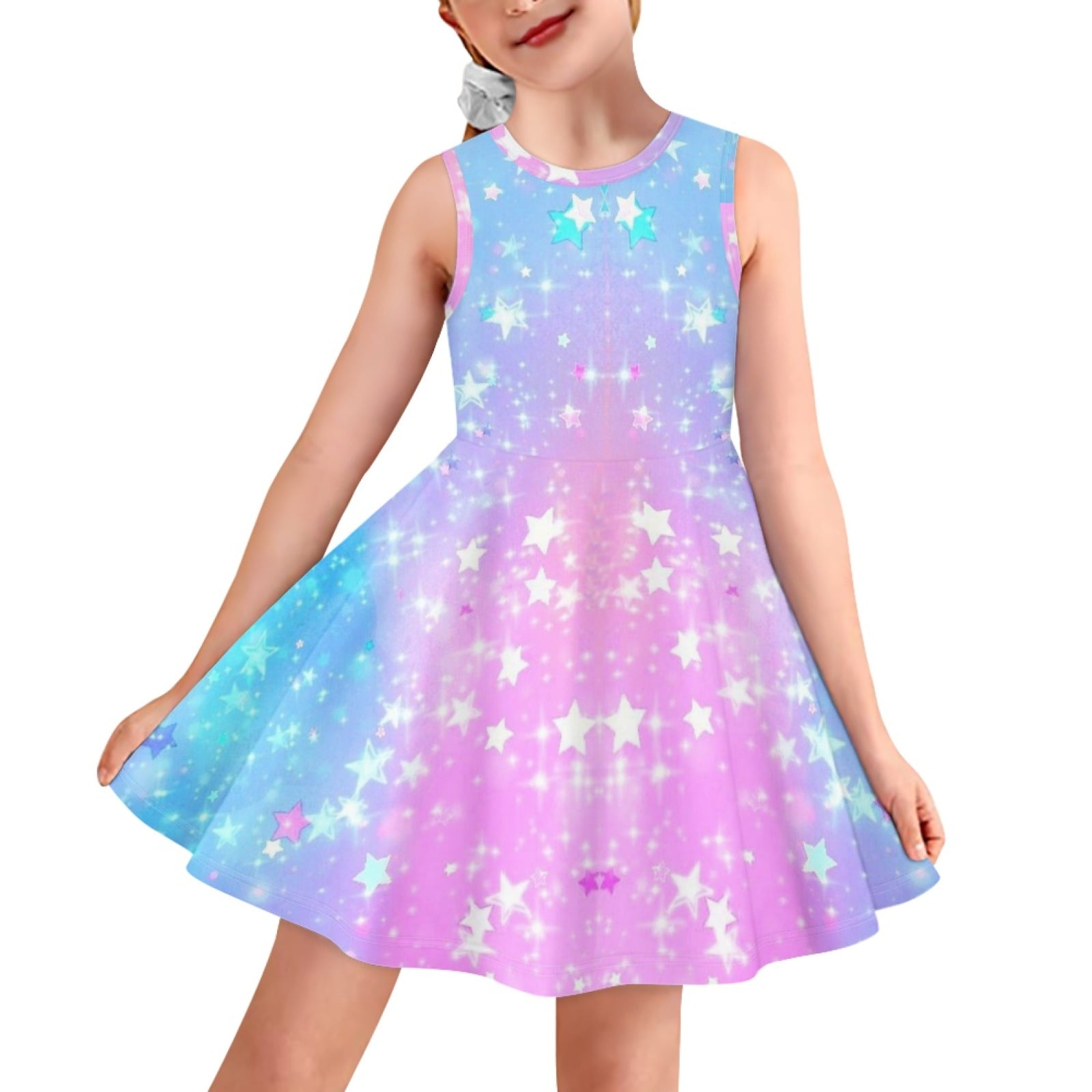 ZCFZJW Holiday Vacation Beach Sundress for Kids Girls Summer Sleeveless  Sparkly Print Crewneck Pullover Tank Dresses Loose Comfy A-Line Short Mini  Dress Purple 13-14 Years 