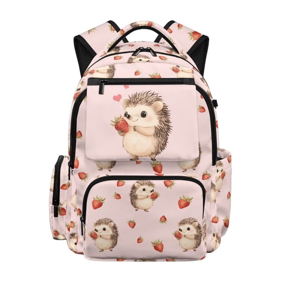 Pzuqiu Pink Hedgehog Strawberry Backpack for Girls 17 Inch Soft Padded Shoulder Straps Breathable Lightweight School Bag with Multi Pockets for Teens Primary Middle School