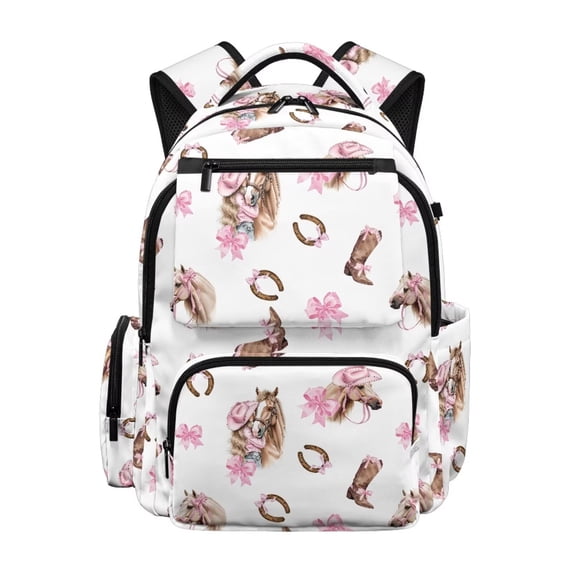 Pzuqiu Pink Horse Bow School Backpacks 17 Inch Large Capacity Kids Teenagers Schoolbags Bookbags Casual Travel Daypack with Front Zipper Breathable Teen Girls Backpack