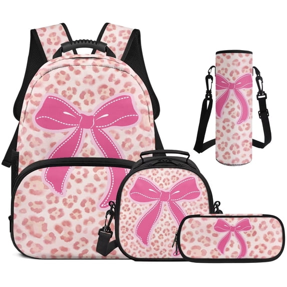 Pzuqiu Pink Leopard Bow Backpack for Boys Kids Backpack with Lunch Box Water Bottle Carrier Pencil Case 4 in 1 Set 17" Bookbag with Compartments Lightweight School Bag with Front Pocket