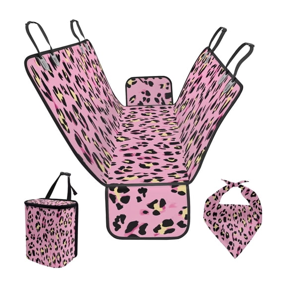 Pzuqiu Pink Leopard Dog Car Seat Cover Hard Bottom Pet Hammock Back Seat Extender for Dogs with Triangle Bib Bandana Multi-Functional Rubbish Bag 3 Piece