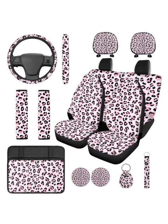 Pink Leopard Print Car Interior Accessories Front Rear Seat Covers Steering Wheel Seat Belt Headrest Covers Coaster Center Console Armrest Pad Keychain 14 Pcs Full Set Fit SUV Van Sedan Truck