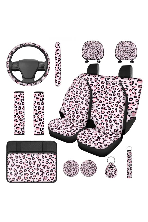 Pink Leopard Print Car Interior Accessories Front Rear Seat Covers Steering Wheel Seat Belt Headrest Covers Coaster Center Console Armrest Pad Keychain 14 Pcs Full Set Fit SUV Van Sedan Truck