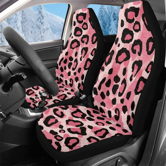Pzuqiu Pink Leopard Print Car Seat Covers Soft Comfortable 2 Pcs Car Seat Protector Front Seats Only All-Season Protection Anti-Slip Automotive Interior Accessories Fit for Cars Sedan SUV