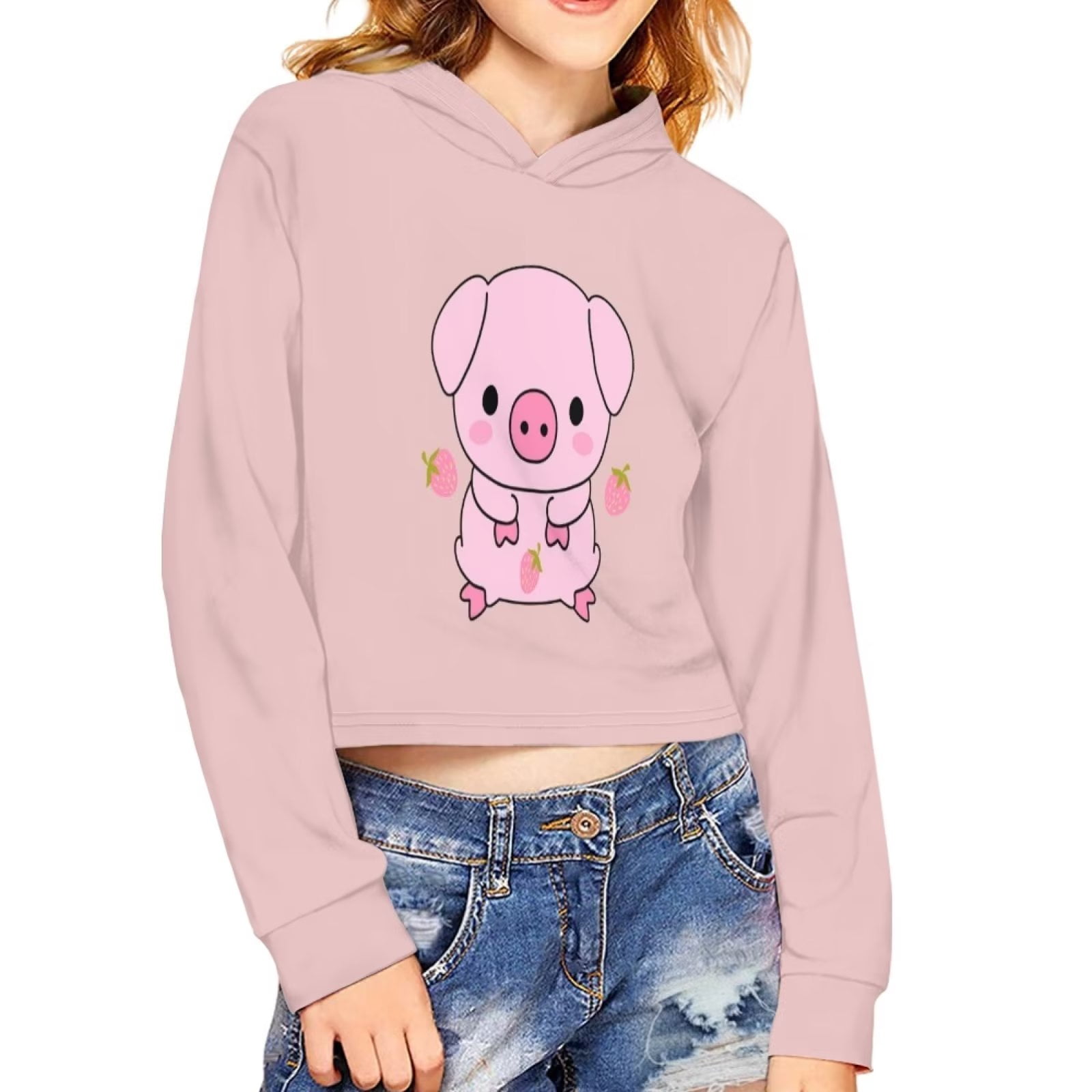 Pzuqiu Pink Pig Crop Top Hoodies for Kids Junior Girls 11-12Y Personalized  Pullover Hoodies Y2K Teenagers Round Neck Hooded Cropped Sweatshirt