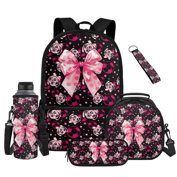 Pzuqiu Pink Polka Dot Bow Backpack for Girls 5 Piece School Bookbag with Lunch Bag 17 Inch Large Lightweight School Bag for Girls 10-12 Elementary Backpack with Water Bottle Bag Pencil Box