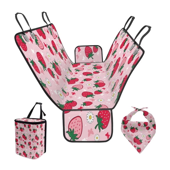 Pzuqiu Pink Strawberry Large Back Seat Extender for Dogs Large Space Dog Bench Seat Cover with Foldable Hanging Car Trash Can Adjustable Dog Bandana for SUVs & Trucks