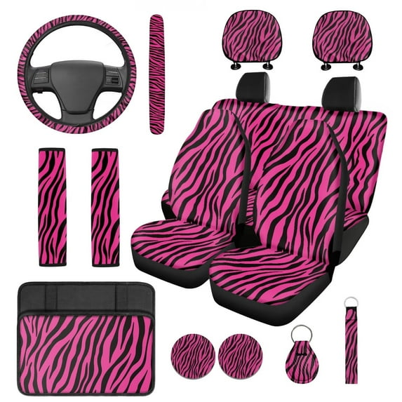 Pzuqiu Pink Zebra Stripe 14 Pcs Interior Sets Front Rear Seat Covers for Cars Steering Wheel Seatbelt Cushion Arm Rest Pad Headrest Coasters Key Chain Automotive Seat Cover Accessories Full Set