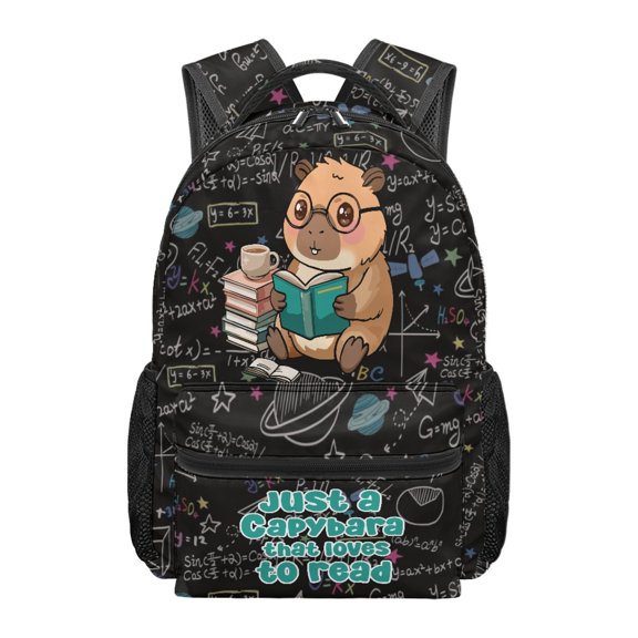 Pzuqiu Polyester Waterproof School Bag for Camping Picnic Daily School, Durable Lightweight Student Backpack, Reading Capybara Pattern