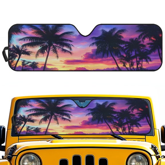 Pzuqiu Protect Your Vehicle from UV Rays Windshield Sun Shade for Off-road Interior Auto, Foldable Off-Road Windshield Sun Visor, Sunset Palm Tree Print