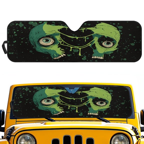 Pzuqiu Protect Your Vehicle from UV Rays Windshield Sun Shade for Off-road Interior, Foldable Off-road Windshield Sun Shield, Green Splatter Skull Print