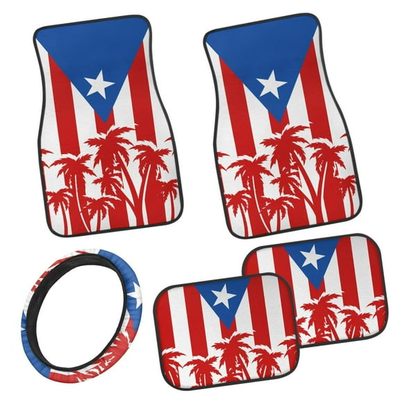 Pzuqiu Puerto Rico Flag Car Floor Mats with Car Steering Wheel Cover 5 Pcs Full Set Front & Rear Floor Mats with Anti-Slip Pad All Weather Removable Automotive Accessories for Cars