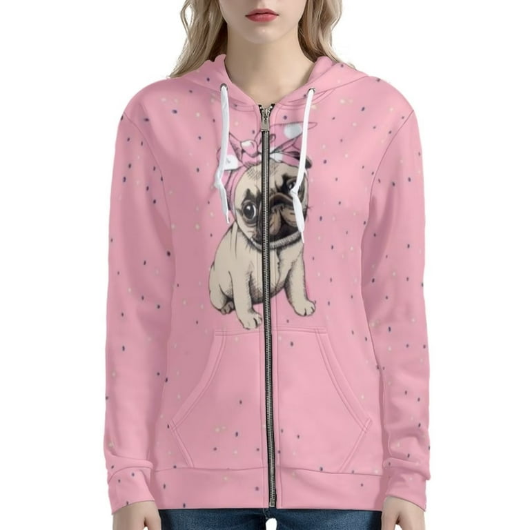 Pzuqiu Pug Graphic Drawstring Jacket Women Lightweight O neck Hoodie with Hood Size M Workout T shirt Fall Spring Outfits Daily Wear Zip Up Jackets
