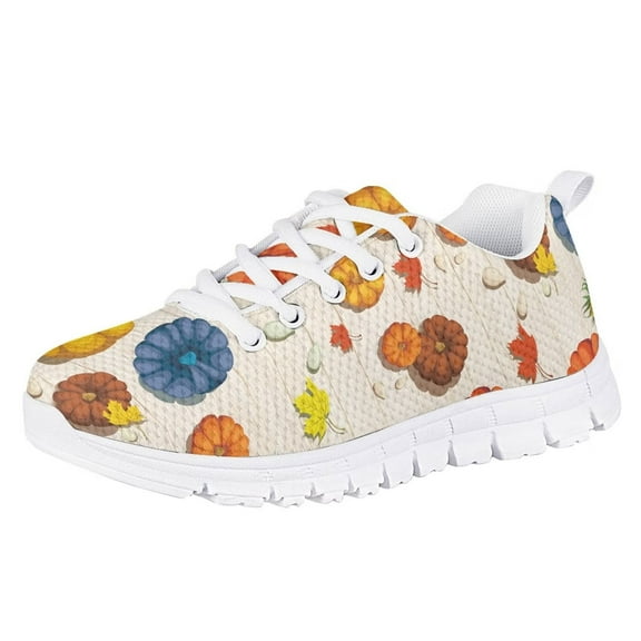 Pzuqiu Pumpkin Big Girls Running Sneakers Size 1 Thanksgiving Day Kids Tennis Shoes Mesh Breathable Walking Shoes Lightweight