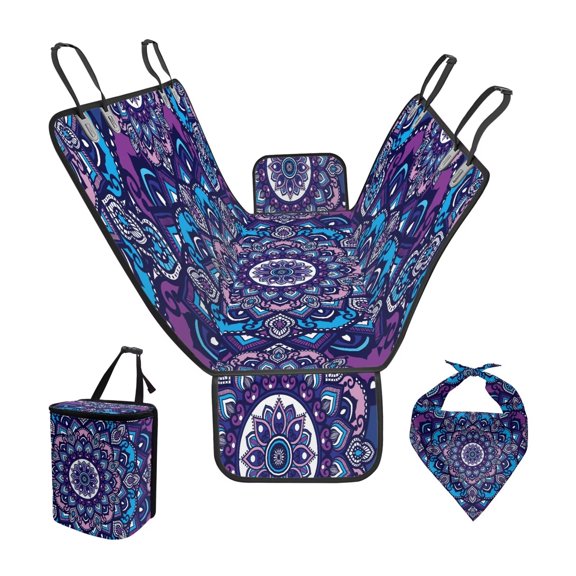 Pzuqiu Purple Boho Mandala Large Back Seat Extender for Dogs Large Space Dog Bench Seat Cover with Foldable Hanging Car Trash Can Adjustable Dog Bandana for SUVs & Trucks