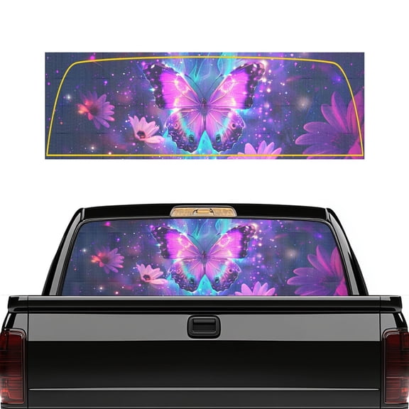 Pzuqiu Purple Butterfly Glitter Print Rear Window Decals for Trucks 66.9 x 22.4 Inches, Vinyl Pickup Rear Window Graphics , Fits Most Pickup Trucks and SUVs