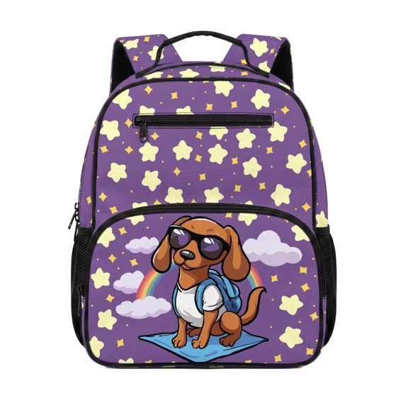 Pzuqiu Purple Cute Dachshund Print Kids Backpack 13.5 Inch Breathable School Bag with Multi Pockets Lightweight Comfortable Daypack for Kindergarten Preschool Boys Girls