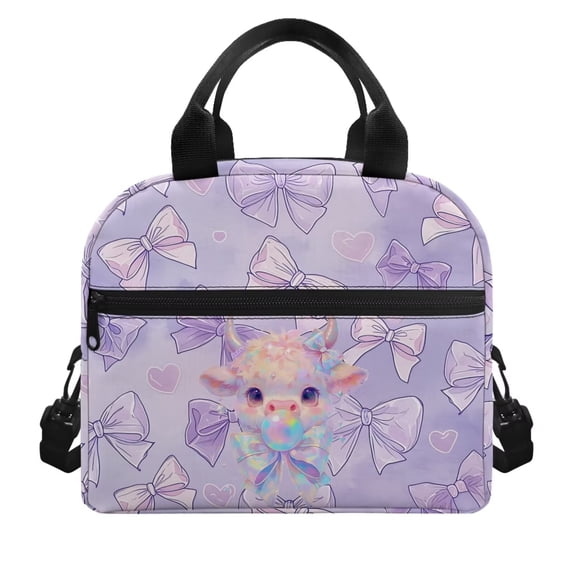 Pzuqiu Purple Highland Cow Insulated Lunch Tote Bag, Reusable Large Capacity Leakproof Lunch Box with Adjustable Strap for School Office Picnic Travel