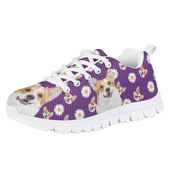 Pzuqiu Purple Kids Sneakers Corgi Girls Tennis Shoes Size 13 Little Girls Daisy School Shoes Lace Up Breathable Sport Shoes Outdoor Running