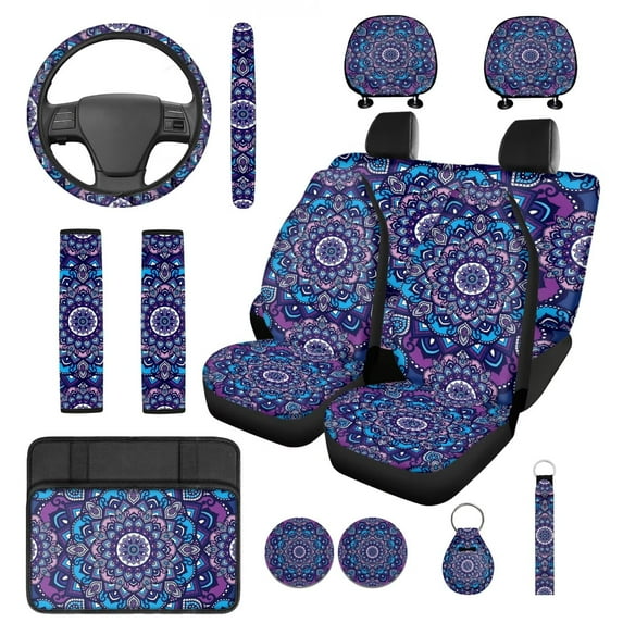 Pzuqiu Purple Mandala Automobile Interior Sets Car Seat Covers Full Set Steering Wheel Seat Belt Coasters Head Rest Covers Arm Rest Cushion Pad Keychain 14 Piece Set Gift for Women Easy Install