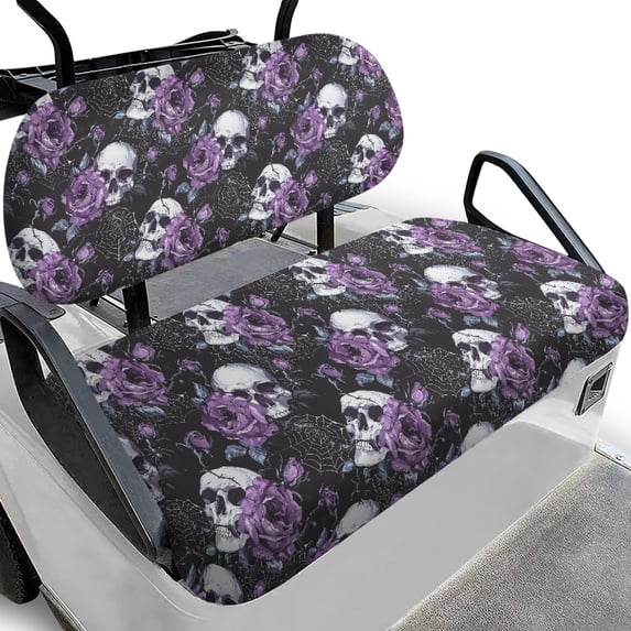 Pzuqiu Purple Rose Skull Design Golf Cart Front Seat Cover Kit Easy to Install, Washable Golf Cart Seat Covers Fit for Ezgo