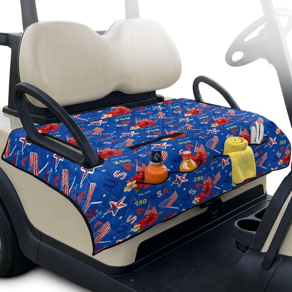 Pzuqiu Quilted USA Patriotic Golf Cart Seat Cover | 2-Person Universal Fit | 4 Storage Pockets Non Slip Protector for Golfers