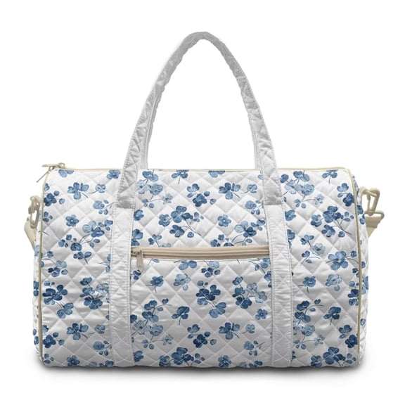 Pzuqiu Quilted Weekender Bag for Women Blue Floral Large Capacity Duffle Travel Carry On Tote with Zipper Lightweight Overnight Gym Bag with Luggage Sleeve Vintage Handbags