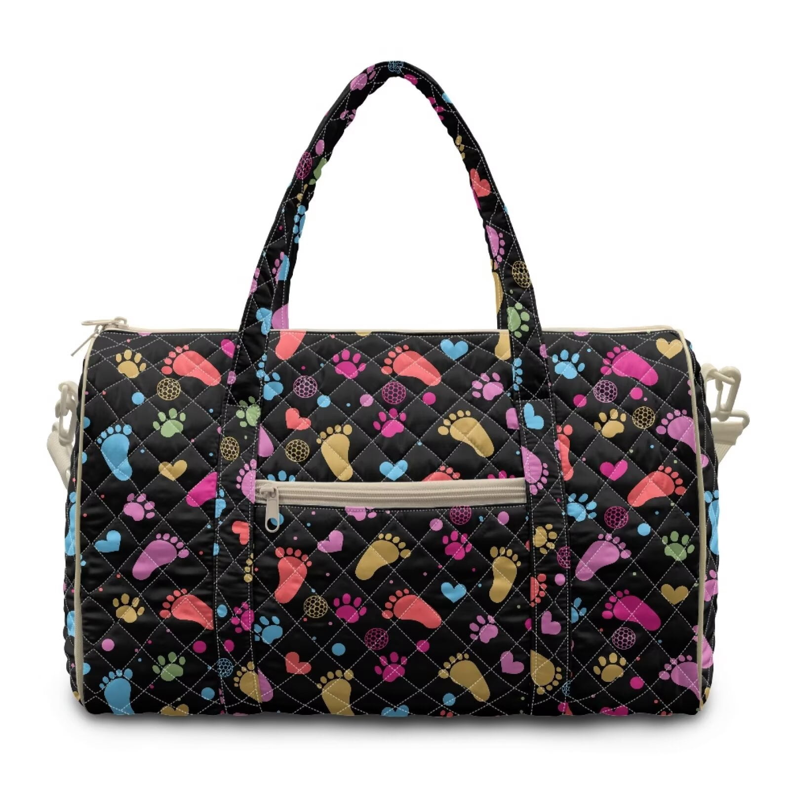 Pzuqiu Quilted Weekender Bag for Women, Large Capacity Puffy Duffle Bag with Colorful Paw Print, Lightweight Portable Carry-On Travel Tote Overnight Bags for Trips, Gym, Hospital