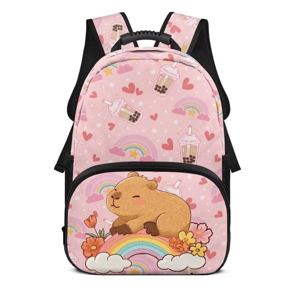 Pzuqiu Rainbow Capybara Kids Backpack for Ages 6-14 17 Inch Large Capacity Backpack with Adjustable Padded Straps for Elementary Middle School Back to School for Boys and Girls