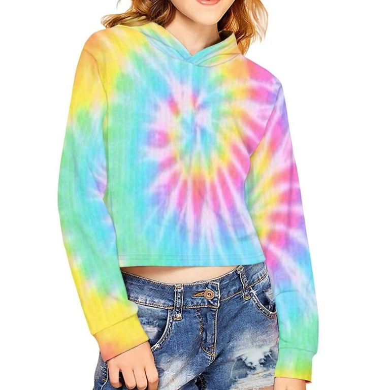Pzuqiu Rainbow Tie Dye Crop Hoodies for Teen Girls Sweatshirt Pullover Tops  Size 5-6 Years,Comfortable Trendy Drop Shoulder Y2K Fall+Spring Clothing