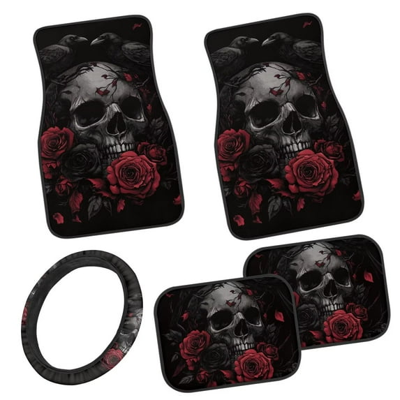 Pzuqiu Raven Skull Automotive Floor Mats with Car Steering Wheel Cover Driver Passenger and Rear Floor Mats for Additional Protection Easy to Install Universal Fit Interior 5-Piece Car Mats
