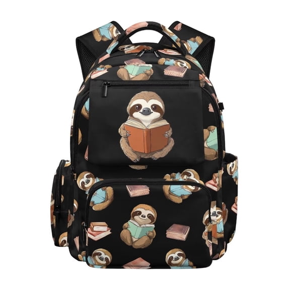 Pzuqiu Reading Sloth Print 17 Inch School Backpack, Soft Padded Breathable Large Capacity Bookbag with Side Pockets, Lightweight Casual Travel Daypack for Teens Boys Girls