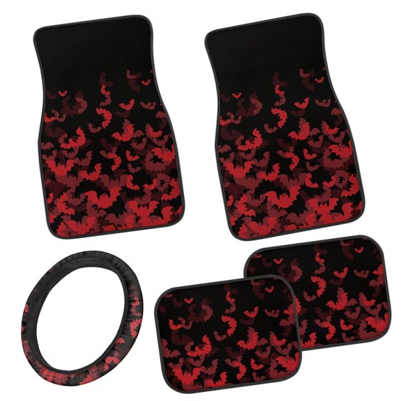 Pzuqiu Red Bat Universal Car Floor Mats Steering Wheel Cover Full Set Easy to Install Driver Passenger and Rear Floor Mats with Anti-Slip Pad for SUV,Vans,sedans,Trucks,Car Mats Full Set 5 Pcs