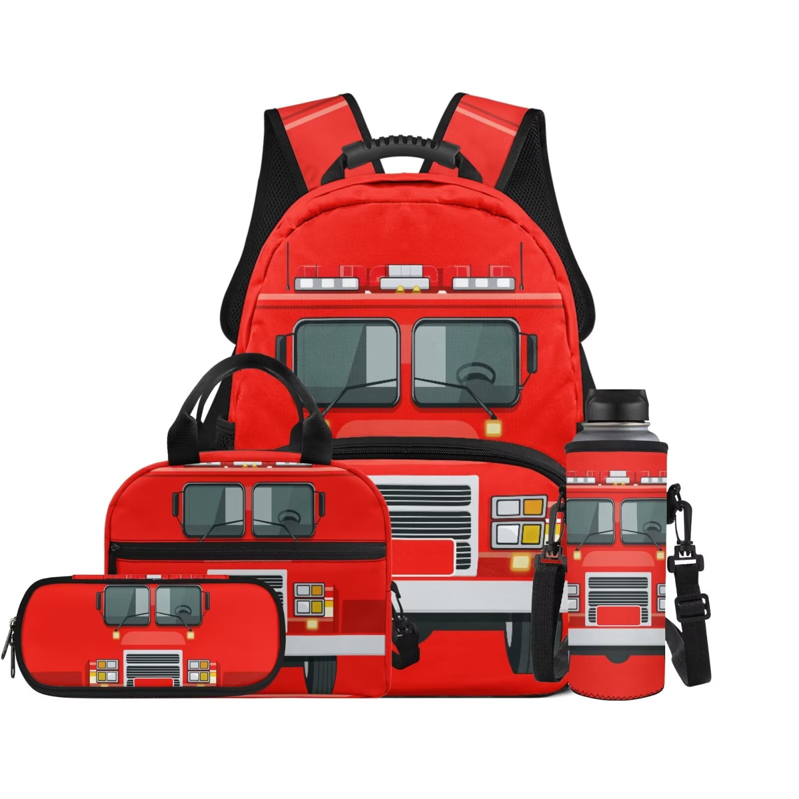 Pzuqiu Red Fire Truck Kids Backpack for School 4pcs 17 Inch Boys Backpack with Lunch Box Pencil Case Water Bottle Holder Kids Backpacks Lightweight Casual Daypack for Boys