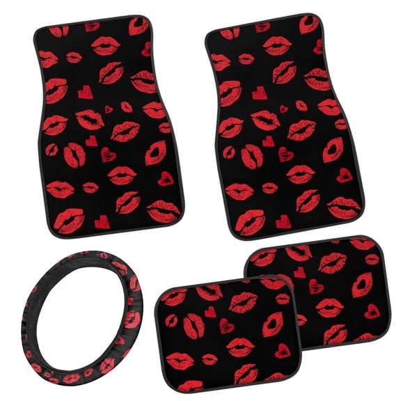 Pzuqiu Red Lips Car Floor Mats Car Steering Wheel Cover Full Set Easy to Install 5 Piece Car Floor Mats All Weather with Anti-Slip Pad Removable Automotive Accessories for SUV, Vans,Sedan,Truck