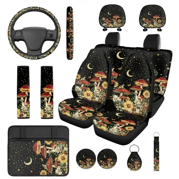 Pzuqiu Red Mushroom 14 Pcs Interior Covers Easy Install Front Saddle Blanket Rear Split Bench Cover Steering Wheel Center Console Pad Shoulder Strap Pads Seat Headrest Coasters Keychain