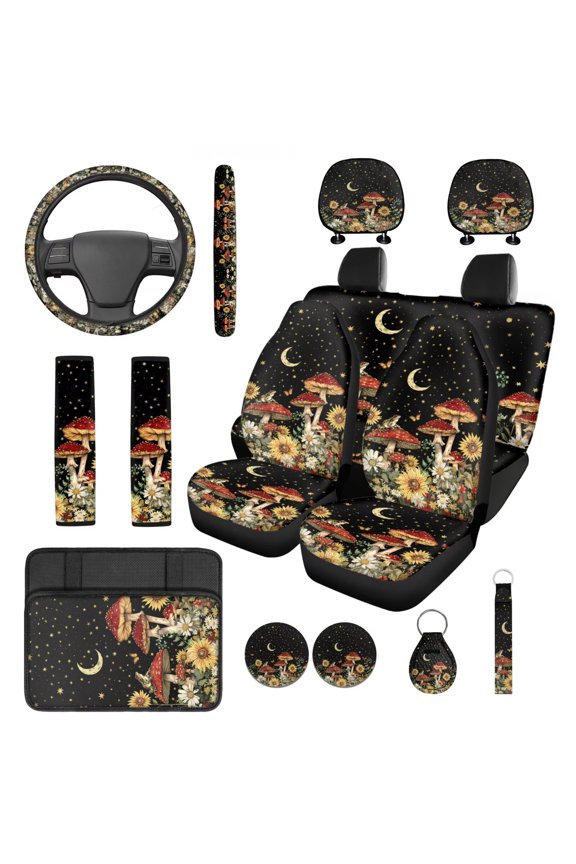 Red Mushroom 14 Pcs Interior Covers Easy Install Front Saddle Blanket Rear Split Bench Cover Steering Wheel Center Console Pad Shoulder Strap Pads Seat Headrest Coasters Keychain